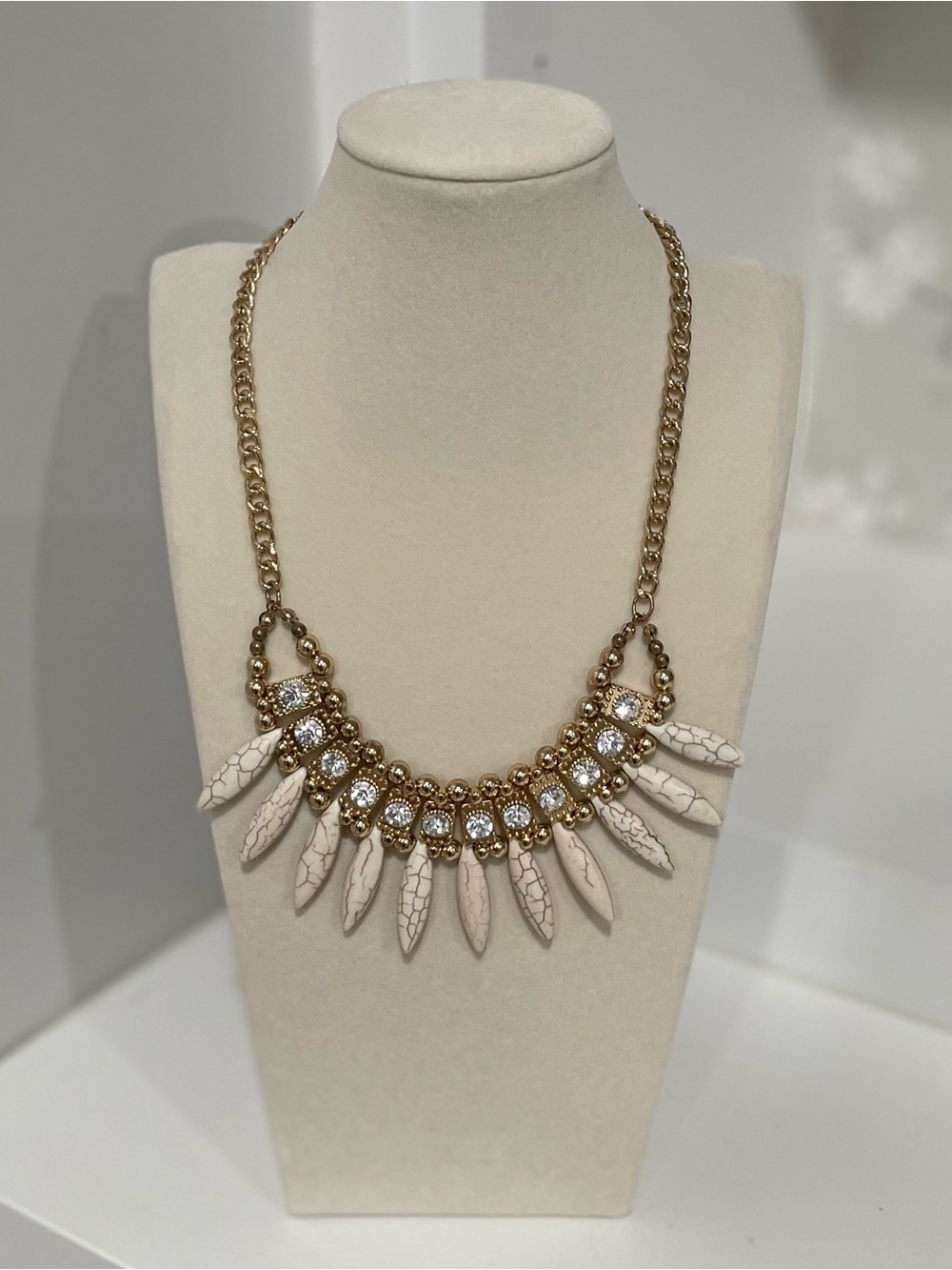 Unbranded Statement Necklace Boho Tribal Gold Tone Faux Ivory Rhinestones Bold
